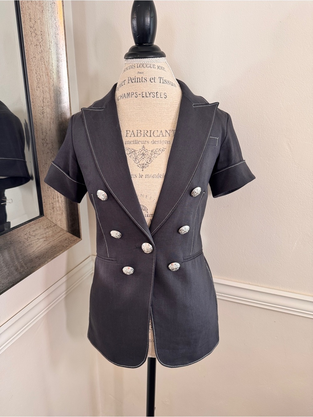 Veronica Beard Blue Line Short-Sleeve Double-Breasted Blazer with Silver Buttons